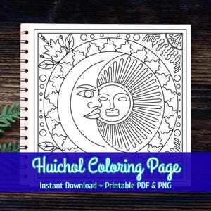 Huichol Eclipse Kleurplaat - Mexicaanse volkskunst Kieri Flower & Peyote Print