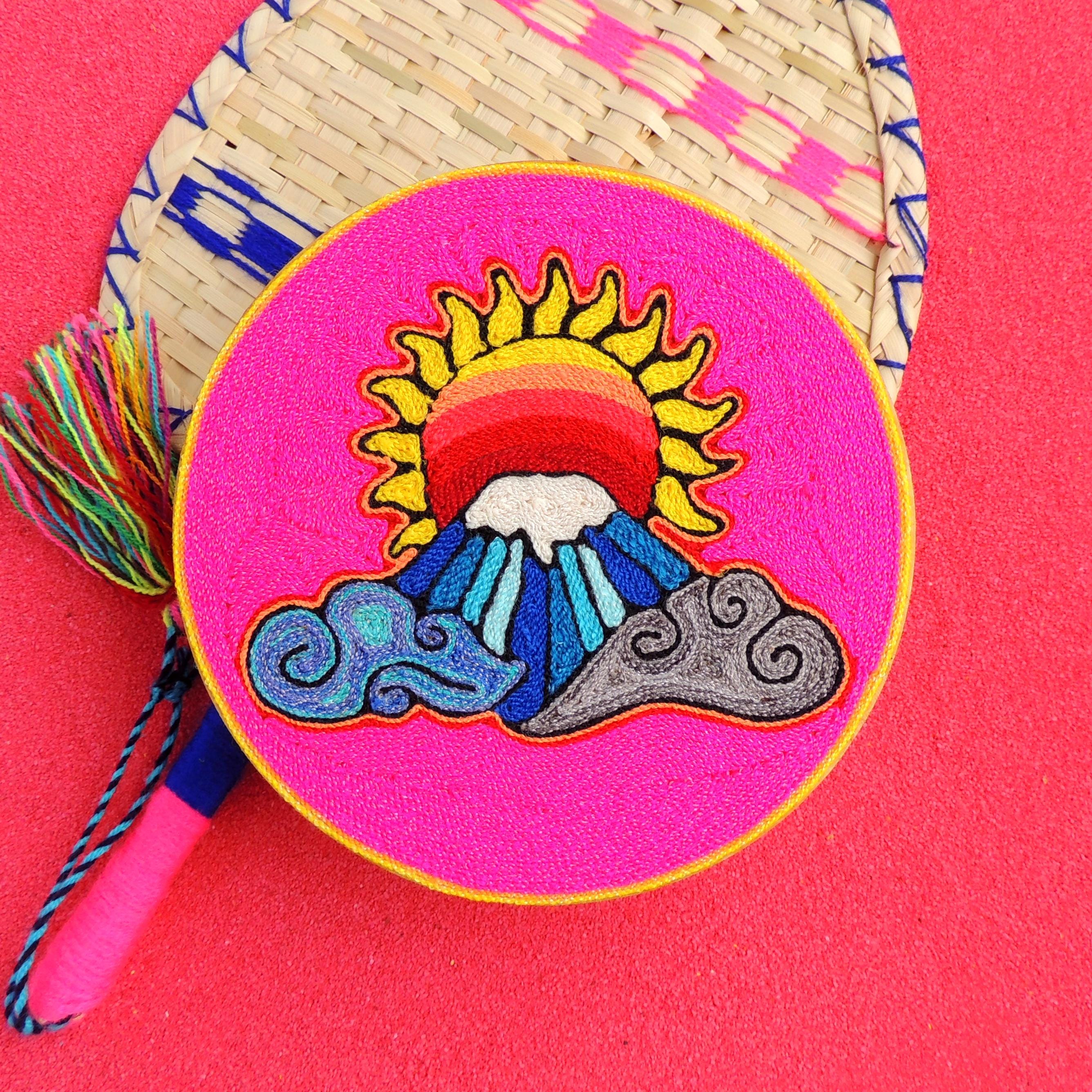 Huichol Yarn Painting Mountain Sun 6-inch Round Mexican Folk Art