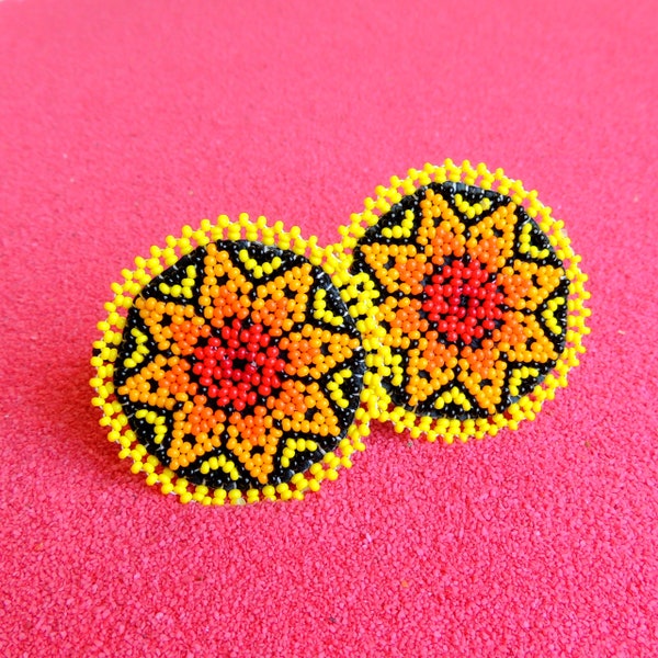 Huichol Pair of Beaded Star Elastic Hair Ties - Orange & Yellow