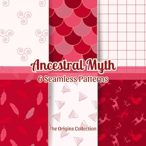 May include: A digital collection of six seamless patterns titled Ancestral Myth and The Origins Collection. The designs feature red and white motifs including spiral triskelions, overlapping scales, a grid, feathers, triangles, and deer silhouettes.