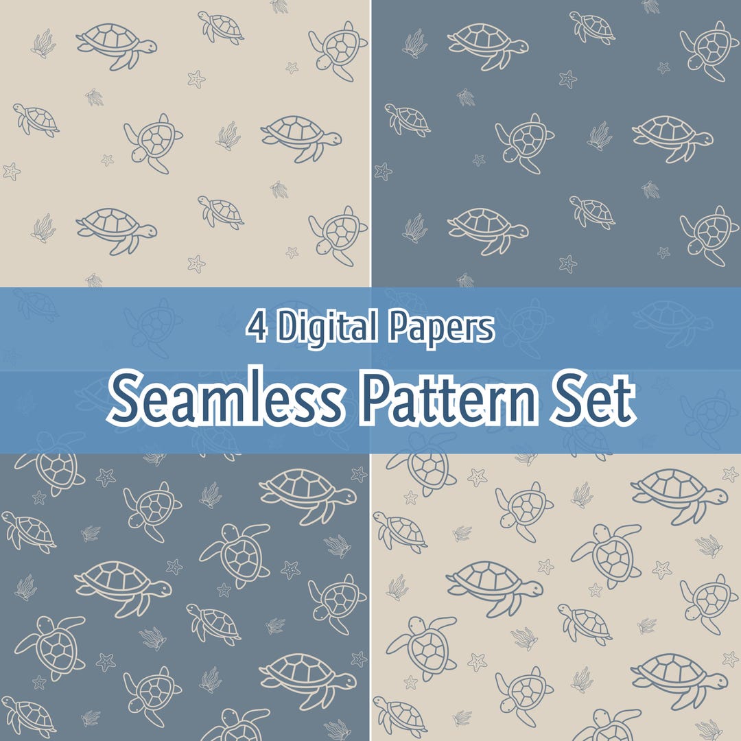 Sea Turtle Seamless Pattern Digital Paper Set in Oat Beige and Slate ...