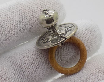 Vintage Italian Handmade Genuine Silver & Wood Dummy Pacifier Figurine Miniature; Highly Collectible Investment Gift; Comes in a Gift Bag