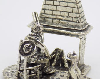 Vintage Italian Handmade Genuine Silver Hunter & Dog Fireplace Scene Figurine; Highly Collectible Investment Gift; Comes in a Gift Bag