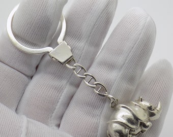 Vintage Italian Handmade Sterling Silver 925 Rhino Figurine Keyring; Highly Collectible Investment Gift; Comes in a Gift Bag