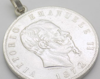 Antique 1872 Italian Handmade Genuine Silver Vittorio Emanuele II Coin Pendant; Regno d'Italia Memorabilia; Highly Collectible Gift