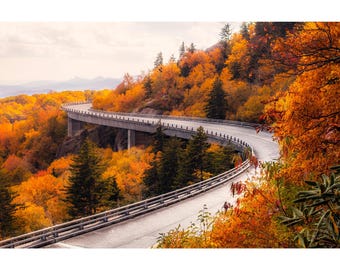 May include: A winding road curves through a mountain pass, surrounded by vibrant fall foliage in shades of orange, yellow, and red. The road is elevated on a concrete bridge, creating a scenic view of the colorful landscape.