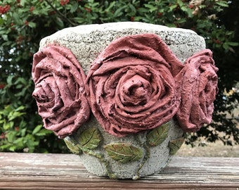 Artisan Hypertufa Posy Planter Handmade Flowerpot, Indoor/Outdoor Rustic Old-World Pot, Unique Rose Pot, Red Rose Pot,