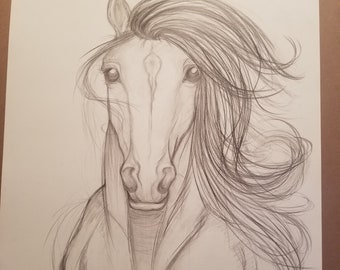 Original Horse Sketch Art Decor horse close up face horse portrait Bright Eyes pencil drawing girls room