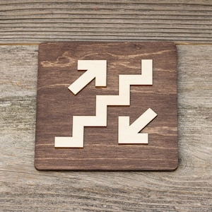 Staircase up and down wooden sign. Stairway plate.