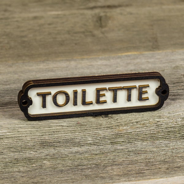 Toilette, Drewniana tabliczka na drzwi, tabliczka z drewna, znak, oznaczenie pomieszczeń, palakietka informacyjna, toaleta, wc