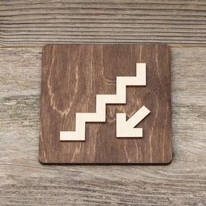 Staircase down wooden sign. Stairway plate.