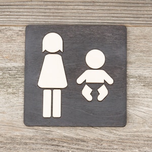 Wooden Women & Baby Changing Station Restroom Door Sign. Rustic Toilet Plaque. Handmade WC Sign.