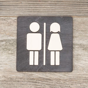 Letrero de madera para puerta de baño unisex. Placa de baño rústica. Letrero de WC hecho a mano.