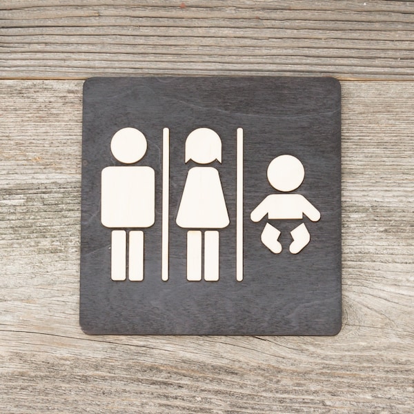 Wooden Unisex & Baby Changing Station Restroom Door Sign. Rustic Toilet Plaque. Handmade WC Sign.