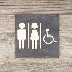 Houten deurbord voor uniseks en gehandicapt toilet. Rustieke toiletplaquette. Handgemaakt bord voor gehandicapten.
