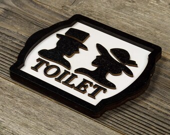 Retro Style Unisex Toilet Wooden Restroom Door Sign. Rustic Toilet Decorations.