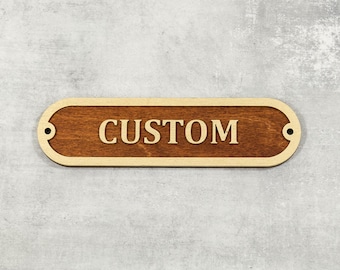 Custom Text Wooden Sign, Nautical Door Sign with Gold Lettering, Personalized Wood Nameplate, Mahogany or Walnut Marine Office Decor