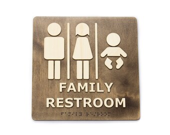 Può includere: Un cartello in legno marrone con il testo "FAMILY RESTROOM" in lettere bianche. Il cartello presenta anche un'immagine stilizzata di una famiglia con un uomo, una donna e un bambino.
