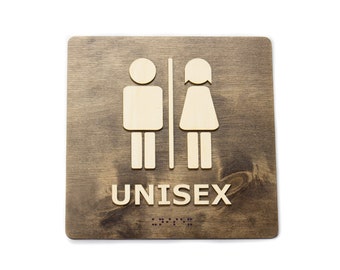 Unisex Braille Restroom Sign, Wood WC Door Plaque, ADA Compliant