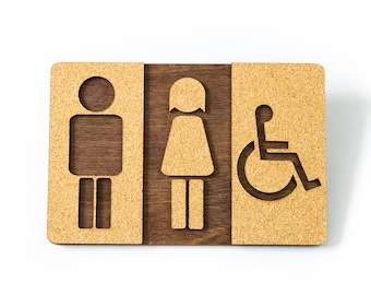 Letrero de madera para baño unisex y adaptado para discapacitados, placa para aseo WC