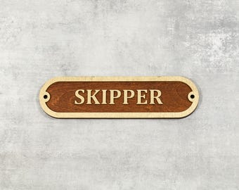 Skipper Wooden Sign, Nautical Door Sign with Gold Text, Custom Wood Nameplate, Mahogany or Walnut Marine Office Decor, Boat Captain