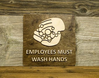 Employees Must Wash Hands Sign. Adhesive tape attached for easy door or wall mounting.