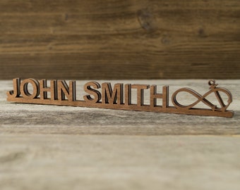 Personalised Wooden Desk Name Plate. Infinity Anchor. Custom last name plate.