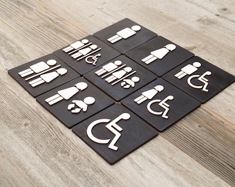 Toilet Door Sign. Wooden Rustic Restroom Signs Set.