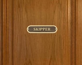 Skipper Wooden Sign, Nautical Door Sign with Gold Text, Custom Wood Nameplate, Mahogany or Walnut Marine Office Decor, Boat Captain