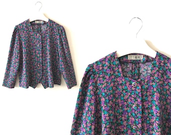 Vintage Floral Blouse Granny Floral Vintage Blouse Black Purple Pink & Blue Woman's Top Long Sleeve Blouse Size M / L "Raine"