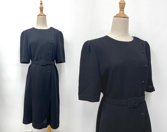 Belted Black Dress Mid Sleeve Plain Dress Little Black Dress Size L "Greta"