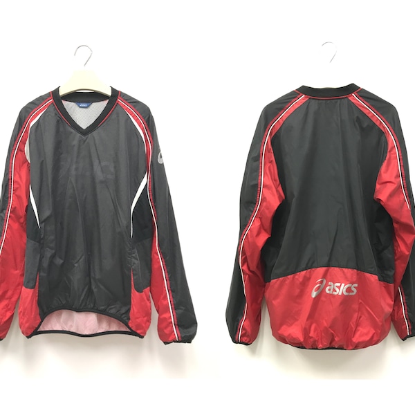 Asics V Neck Windbreaker Pullover Red Sports Jacket Men's Sportswear Japanese Men's Streetwear Size XL / XXL