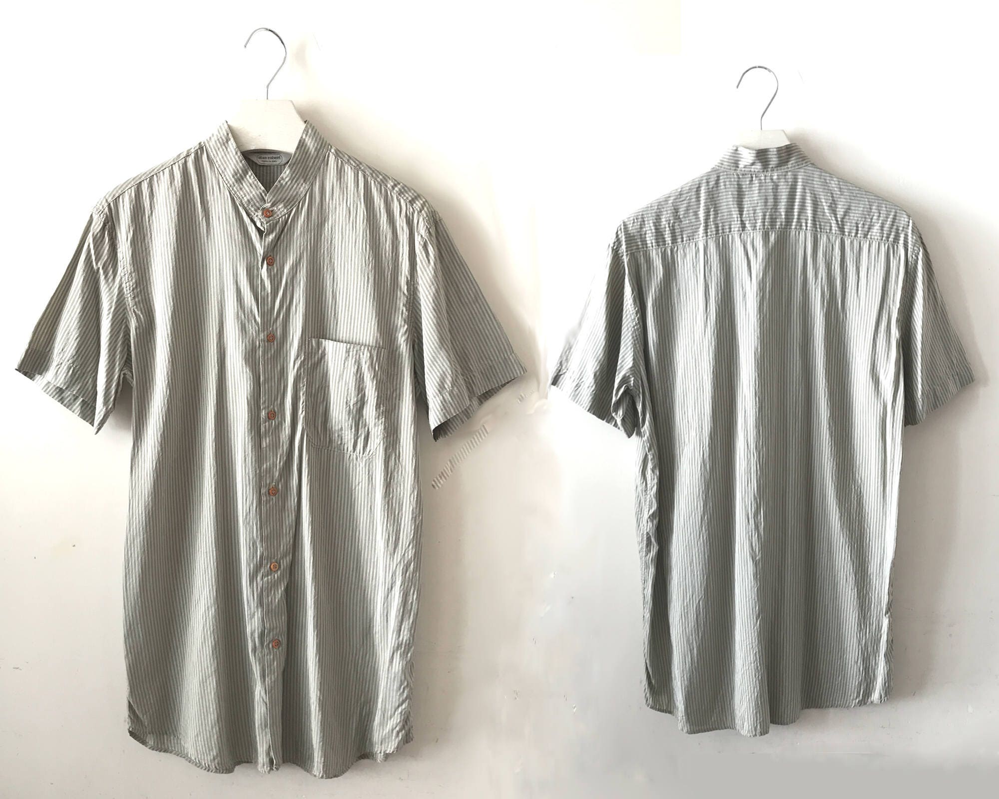 Striped Men's Shirt 80s Italian Shirt Grey and Green Short - Etsy UK