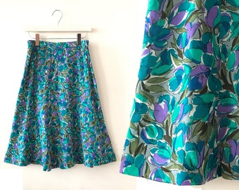 High Waisted Skirt Tulip Flowery Vintage Skirt Teal Floral Print Midi A-line Skirt US Size 8 10 Tropical 90s Clothing Size  S / M "Valerie"