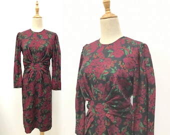 Red Rose Bodycon Dress Long Sleeve Floral Dress Little Black Dress Vintage Japanese Dress Size S / M