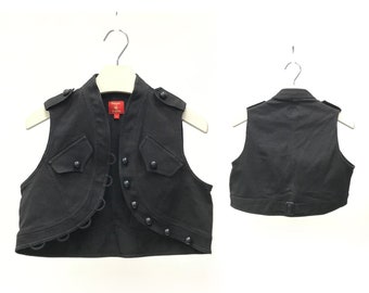 Black Denim Vest Unwashed Cotton Cropped Vest Military Style Vest Size S / M