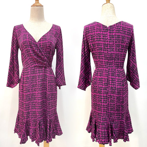 Fuchsia Dress V Neck Cocktail Dress 90s Vintage Evening Dress Size S / M "Ilyssa"