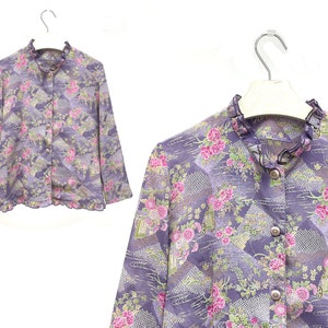 Purple Kimono Blouse Vintage Japanese Blouse 1980s Transitional Floral Pattern Japanese Clothing Size M &quot;Suki&quot;