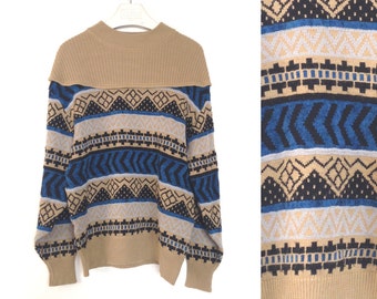 80s Men's Jumper Camel Beige Aztec Knitted Sweater Cape Bib Knitted Pullover Boho Textile Knitted Pattern Jumper Size S / M "Bryan"