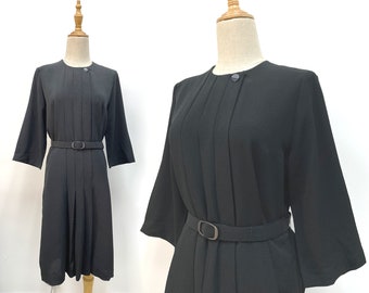 Black formal dress mid sleeve black dress, office dress, belted dress size L / XL "Liv"