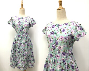 Purple Floral Green Dress Vintage Cottagecore Dress Summer Cottage Dress Size S / M