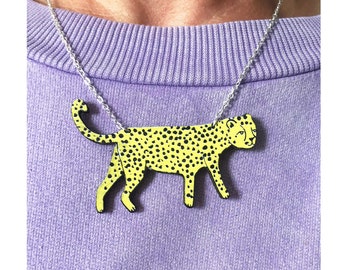 Leopard necklace, Wooden necklace, walking leopard, animal necklace, contemporary jewellery, leopard lover, Small gift.