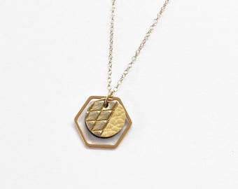 Circle gold hexagon necklace, cream gold leather, modern necklace, unique, charm circle pendant, geometric necklace