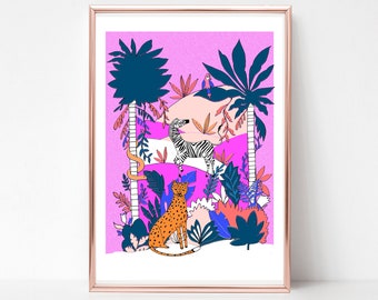 Leopard Jungle Art print, Zebra, tropical, pink, gold leaf, wall art