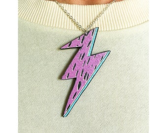 Wooden Lightning Bolt Necklace: Pink & Blue, Silver Chain
