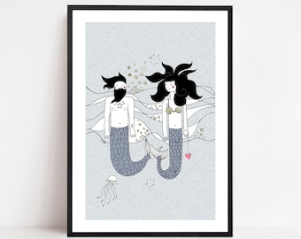 Mermaid and Merman print,wall art, Blue and gold, Love, couple in love, Valentines art, bathroom art, gold leaf detail