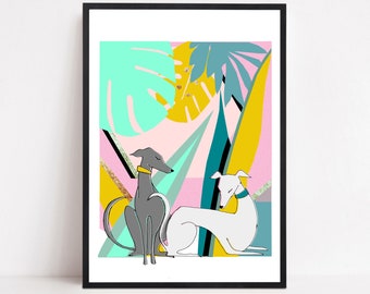 Whippet art print, greyhound wall art, lurcher print, dog art print, sighthound wall decor, animal print, elegant dogs