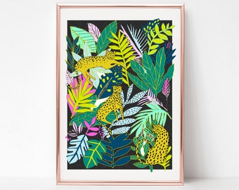 Leopard Art print, tropical, leaves, jungle, gold leaf detail, wall art