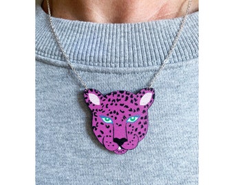 Pink Leopard Face Necklace: Wooden Animal Pendant, Silver Chain