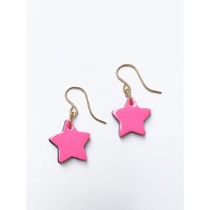 Neon Pink star earrings, dangly earrings , Patent pink recycled leather, small gift, Gift for her